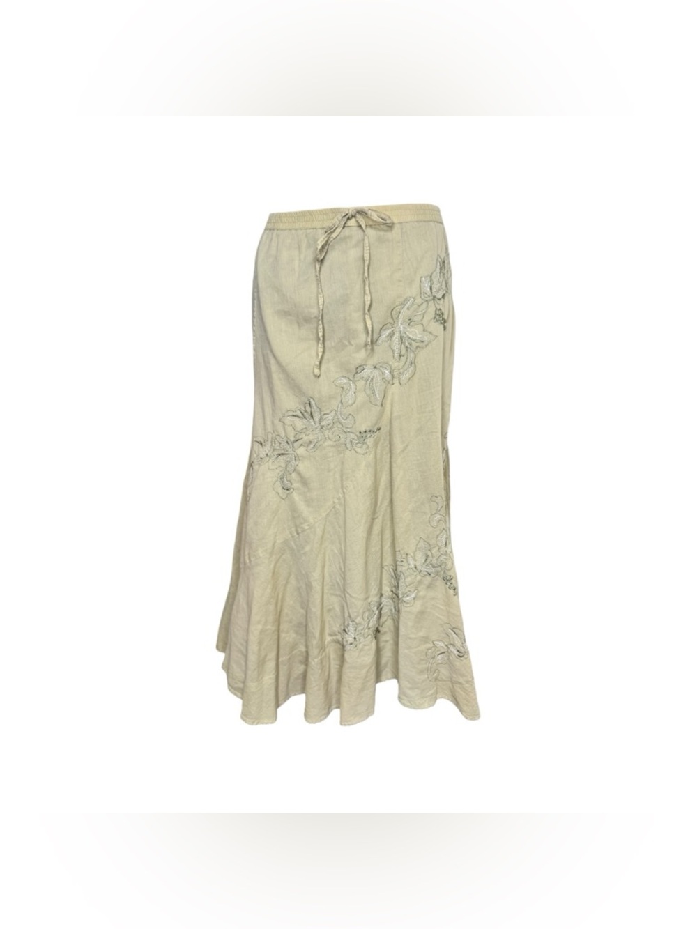 Y2K Metro Wear Beige Tiered Embroidered Flower Maxi Skirt Size XL